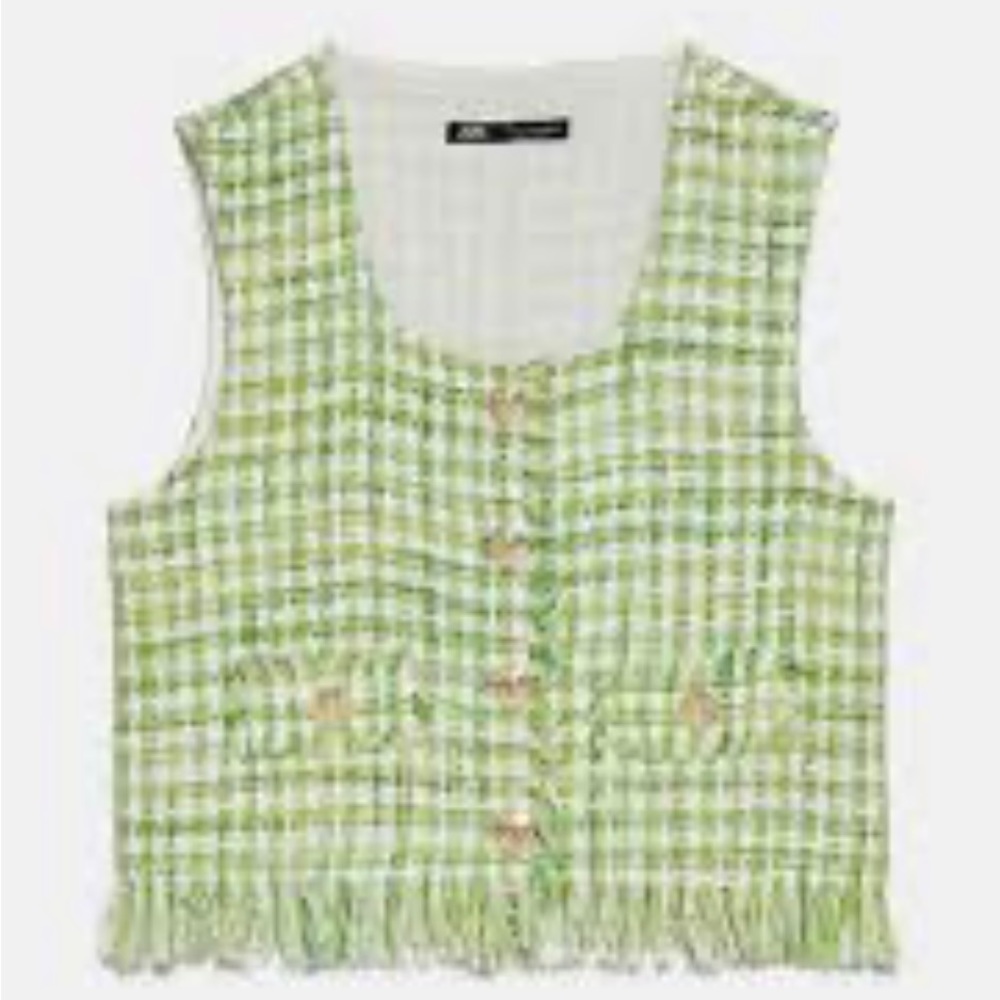 ZARA Sz M Green /White Cotton Tweed Vest Crop Top with Gold Tone Buttons - Picture 2 of 7